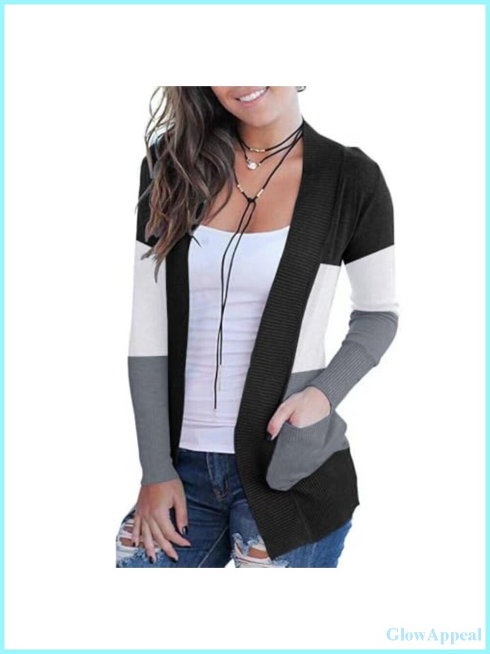 Open Front Long Sleeve Cardigan with Pockets, Knit, Lightweight, Medium Stretch
